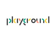 the word playground is written in multicolored letters on a white background with black and orange