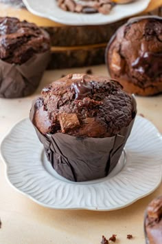 two chocolate muffins on plates with other muffins in the back ground