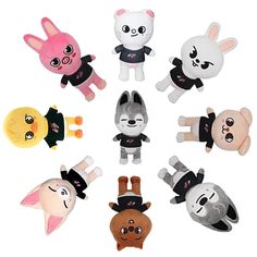 six different stuffed animals are arranged in a circle on a white background, with one wearing a black shirt