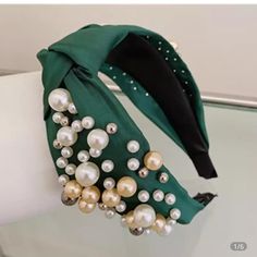 Emerald Green Pearl Bead Band Christmas Hair Accessories, Christmas Hair, Pearl Headband, Hair Hoops, Christmas Hoodies, Pearl Hair, Turbans, Knot Headband, Top Knot