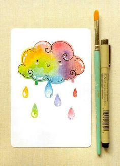 a drawing of a rainbow cloud with rain drops