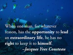 a scuba diver is surrounded by fish in the ocean with a quote from jaques yes cousteau