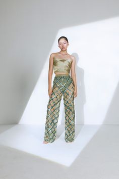 Glam up this season with the perfect embellished sequin pants for your next night out in the city. Pair it with one of our bustiers or corsets to complete the look. Hand-embroidered sequin pattern Straight pants High-waisted Semi-sheer Knitted underpants in green Concealed zipper on the side Fabric: Net Model wears a size XS. Materials used: Net Product care: Dry clean only. DO NOT steam the leather. To iron the piece, place a piece of cotton or muslin fabric on the piece to press. DO NOT iron d Chainmail Pants, Tulle Pants, Sequin Pant, Sheer Pants, Sequin Pattern, Mesh Pants, Sequin Pants, Muslin Fabric, Bustiers