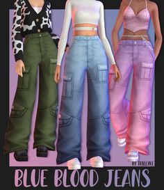 three different colored jeans are shown in front of a black background with the words blue blood jeans