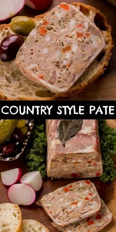 two pictures showing different types of breads and vegetables on a cutting board with the words country style pate