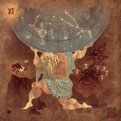 an illustration of a man carrying a large object over his head with stars in the sky