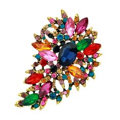 "Stunning rhinestone brooch jewelry embellishment, which can be used for your DIY project - dress sash accessory, wedding, brooch bouquet, cake and frame decoration, event decor, crafts, scrap booking, jewelry gift and much more. Size: 3\"H x 2\"W Stones color: multi color Metal: dark gold plated This multi color crystal brooch in gold setting can be ordered with pin in the back to wire into brooch bouquet, add to wedding gown or dress sash, or any number of other craft projects or without the p Bouquet Cake, Decoration Event, Bouquet Brooch, Frame Decoration, Vintage Jewelry Art, Dress Sash, Brooch Bouquet, Brooch Bouquets, Wedding Brooch