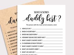 two baby shower games with the words who knows dad's best? on them