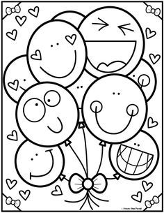 balloons with faces and hearts on them for valentine's day coloring pages, free printable