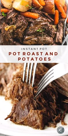 instant pot roast and potatoes on a white plate with the words instant pot roast and potatoes