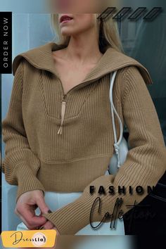 Solid Color Zipper Wide Neck Fashionable Casual Sweater Zipper Sweater, Zipper Shorts, Ladies Turtleneck Sweaters, Collared Sweatshirt, Zippered Sweater, Womens Turtleneck, Loose Outfit, Collar Sweater, Knit Sweatshirt