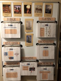 a bulletin board with several different types of papers attached to the back of each one