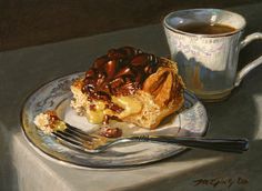 a painting of a piece of cake on a plate next to a cup of coffee