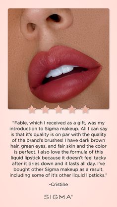 The reviews are in! Fall for a natural-looking splash of color! This lightweight satin-matte lip color features a deluxe hydrating formula and provides extreme color payoff in one saturated swipe. #SigmaBeauty #SigmaMakeup #SigmaBrushes #Makeup #CleanBeauty #Beauty #Lips #Lipstick #MakeupArtist #MUA Beauty Lips