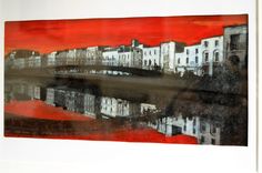 an image of a painting with buildings in the background and water reflecting off it's surface