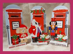 three christmas greeting cards with an image of santa and his mailbox