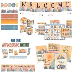 an assortment of stickers and magnets with the words welcome to adventure on them