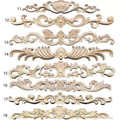 an assortment of carved wood designs