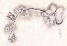 a pencil drawing of some flowers on a branch