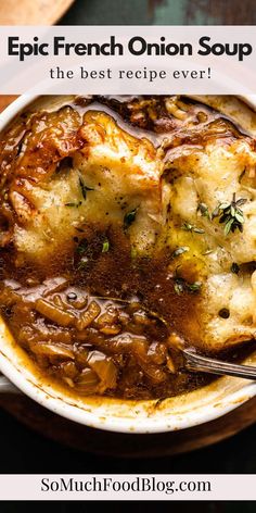 a white bowl filled with french onion soup