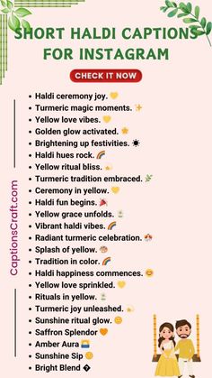 an info sheet with the words short haldi captions for instagramm on it