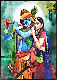 two people are dressed up as avatars in an artistic painting style, one is holding a flute and the other is looking at something