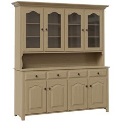 a beige china cabinet with glass doors and cupboards on the front, side view