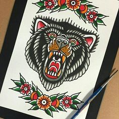 a drawing of a bear with flowers on it