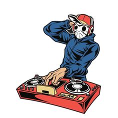 a person wearing a mask djs on top of a red turntable with headphones