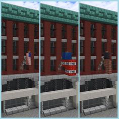 three different screens show the same building in front of each other, one with a flag on it