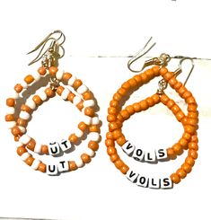 Hand beaded Ut V/Vols Earrings,  Spirit jewelry.  Gameday jewelry.  University of Tennessee Tennessee University, Ut Vols, Trousers Pattern, Go Vols, Tennessee Vols, Vendor Events, University Of Tennessee, Jewelry Diy, Jewelry Earrings Hoops