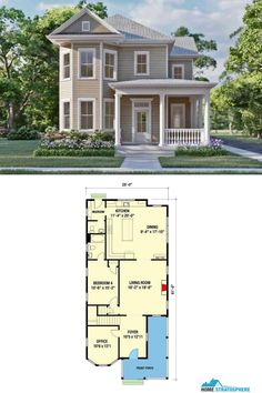 4-Bedroom Victorian Style Two-Story House Plan for a Narrow Lot with a Loft Modern Victorian Homes Floor Plans, 2 Story 4 Bedroom House Plans, Modern Victorian House Plans, Victorian House Floor Plans, Loft Floor Plan, Modern Victorian Homes, Loft Floor, Victorian House Plans