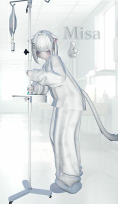 an animated image of a woman with white hair and cat ears, holding onto a pole