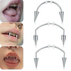 four different types of nose piercings with metal tips on each side and an image of the