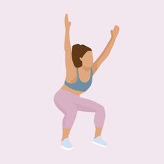 a woman in pink pants and blue tank top doing yoga exercises with her hands up