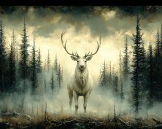 a painting of a deer standing in the middle of a forest with fog and trees