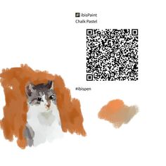 a cat sitting next to a piece of orange and white paper with qr code on it