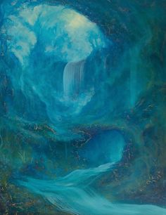 a painting with blue and green colors on the bottom, water flowing down it's sides