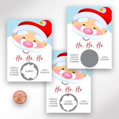 two christmas cards with santa claus on them and a penny in the middle one has a red hat