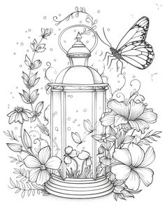 a drawing of a lantern with flowers and butterflies around it, in black and white