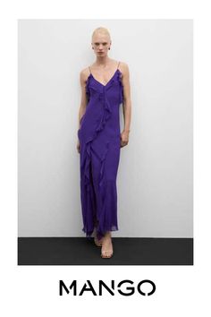 Take advantage of the best discount of the year with Black Friday, Gauze fabric, Long design, Straight design, V-neck, Sleeveless, Thin straps, Open back, Bow closing on the back, Ruffles detail, Inner lining, Side slit at the hem Long Ruffle Dress, Purple Chiffon Dress, Purple Ruffle Dress, Floral Crochet Dress, Chiffon Ruffle Dress, People Clothes, Gauze Dress, Flounced Dress, Overlay Dress