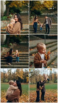 a collage of photos with people holding their babies in the air and walking up stairs