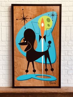 a painting of a poodle with a rocket in the background on a wooden frame