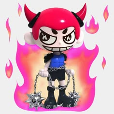 a cartoon character with horns and chains on it's face, standing in front of a fire