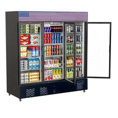 an american flag refrigerator with drinks and beverages in it's display case on wheels