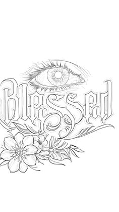 the words bliss and an eye with flowers on it are drawn by hand in black ink