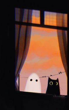 two black and white cats sitting in front of a window looking out at the sky