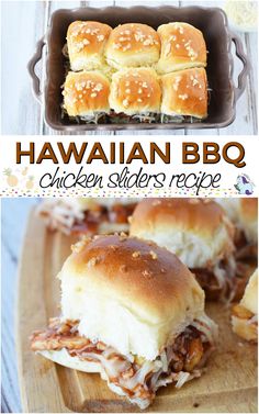 hawaiian bbq chicken sliders recipe in a baking pan and on a cutting board