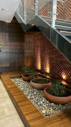 some plants are sitting in large pots on the floor next to a stair case with lights