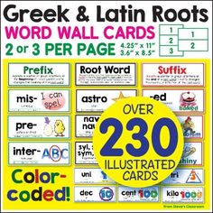 the greek and latin roots word wall cards are available in two different colors, each with an